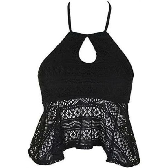 NWT Hula Honey S High Neck Crochet Black Bikini Swim Top #88122 - Picture 1 of 3
